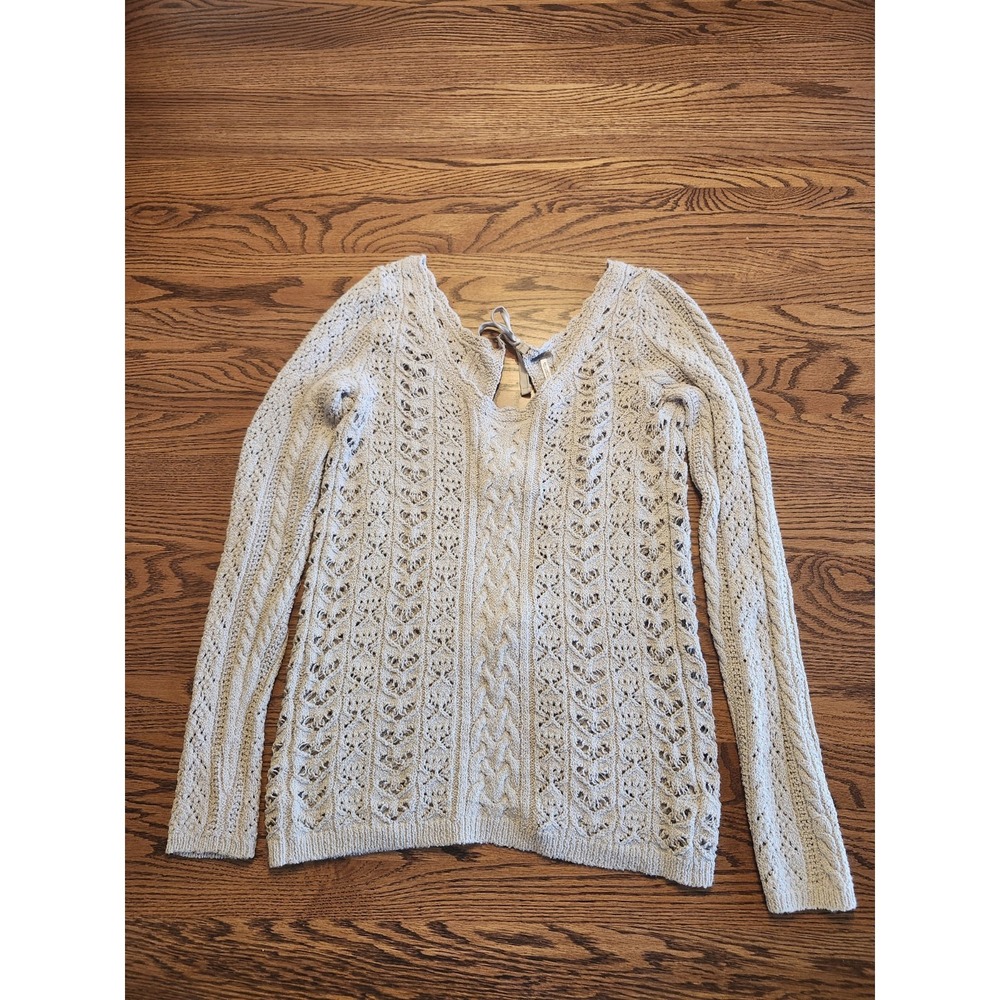 Free People Cable Knit Sweater Womens Size Large Beige Open Back Bow Lightweight